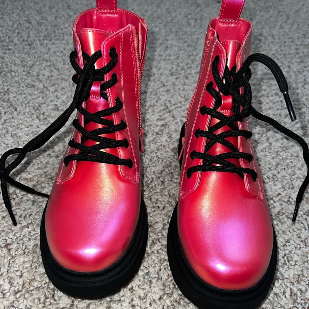 Shiny Pink Lace-Up Boots